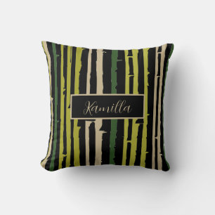 Green Bamboo Stripes on Black Throw Pillow