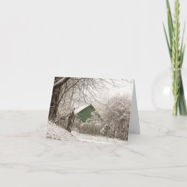 Green Barn in Snow Note Card (Front)