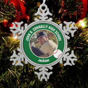 Green Baseball Player Photo High School Snowflake Pewter Christmas Ornament