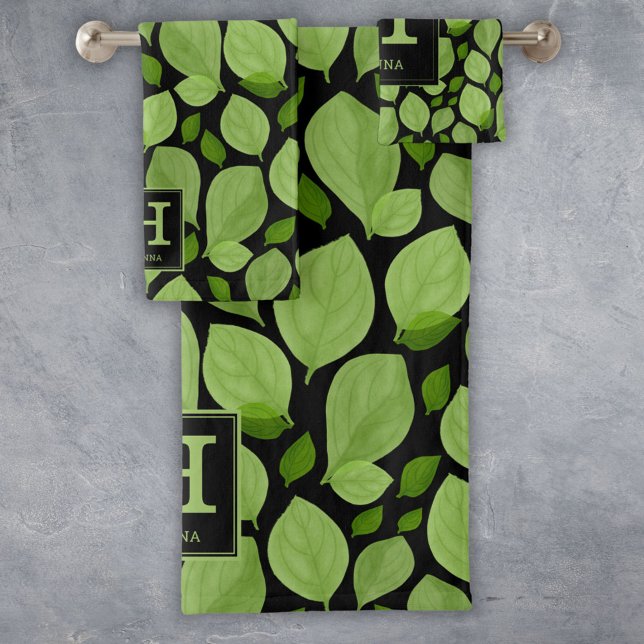 Green Basil Leaf Herb Pattern Botanical Monogram Bath Towel Set (Creator Uploaded)