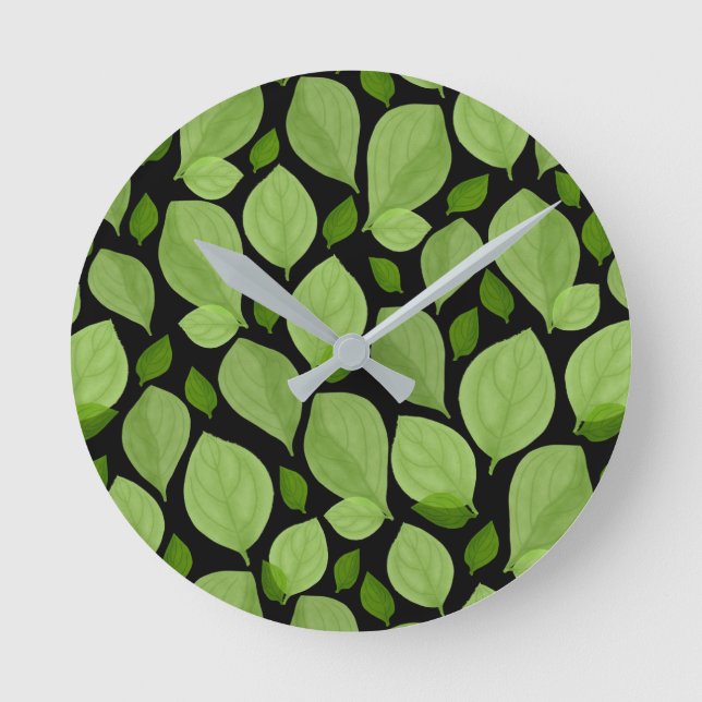 Green Basil Leaf Herb Pattern Botanical Round Clock (Front)