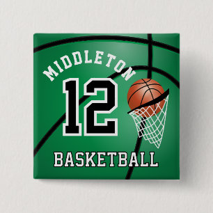 Green Basketball 🏀 and Hoop DIY Text 2 Inch Square Button