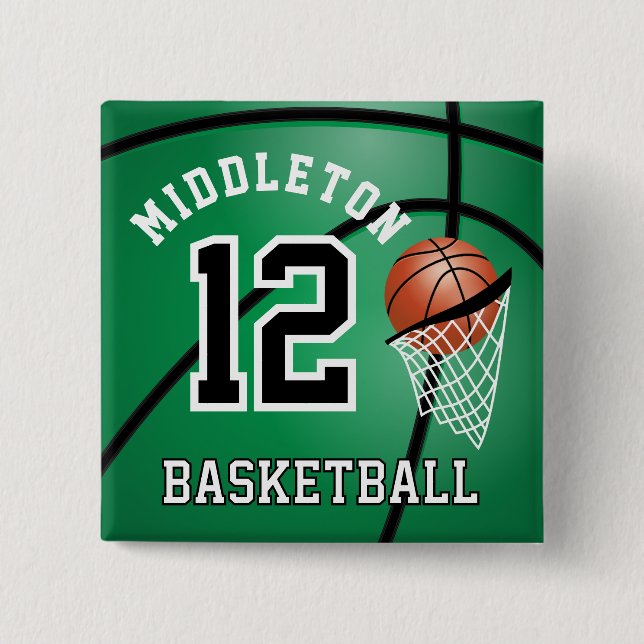 Green Basketball 🏀 and Hoop | DIY Text  2 Inch Square Button (Front)