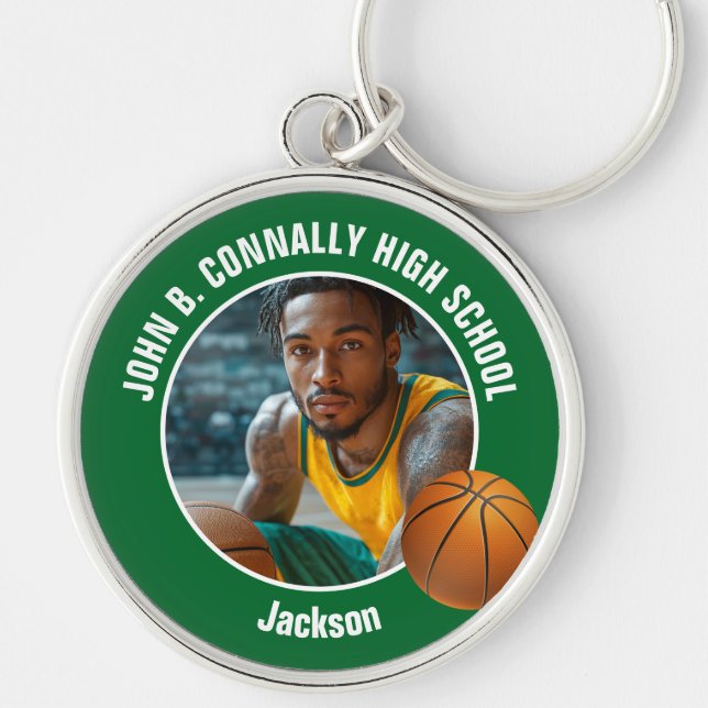 Green Basketball Player Photo High School Spirit Keychain (Front)