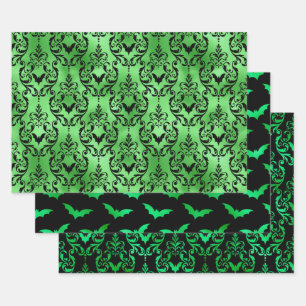 Green Bat Halloween Damask Patterns Wrapping Paper Sheet