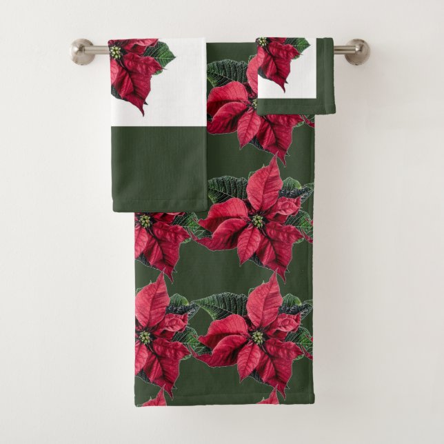 Green Bath Towel Set with Christmas Poinsettia (Insitu)