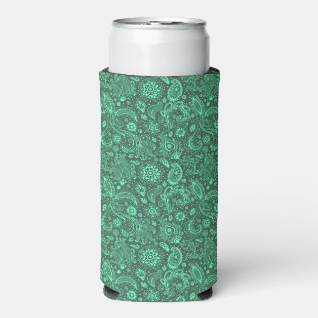 Green batik boho style floral paisley pattern seltzer can cooler (Seltzer Front)