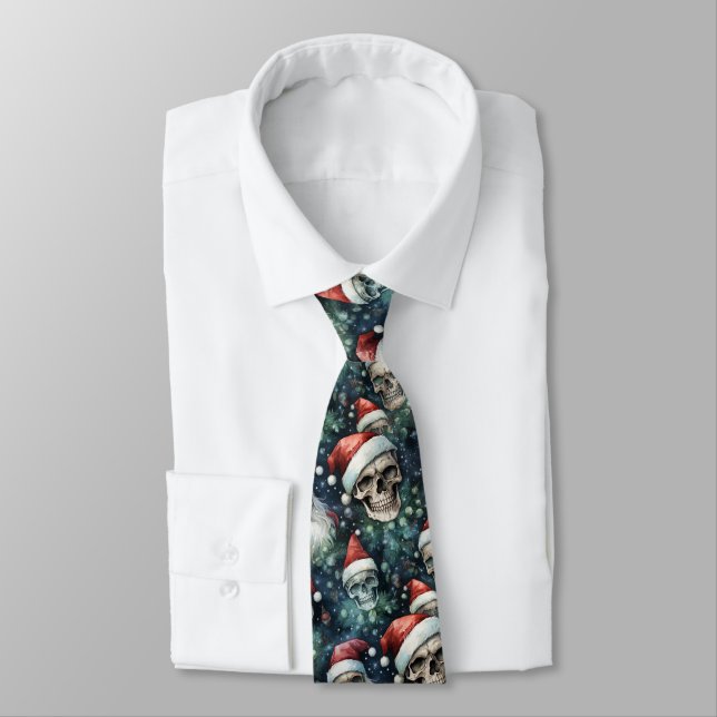 Green Baubles Santa Skulls Red Green Christmas Tie (Tied)
