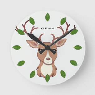 Green Bay Leaves & Cute Reindeer Face Round Clock