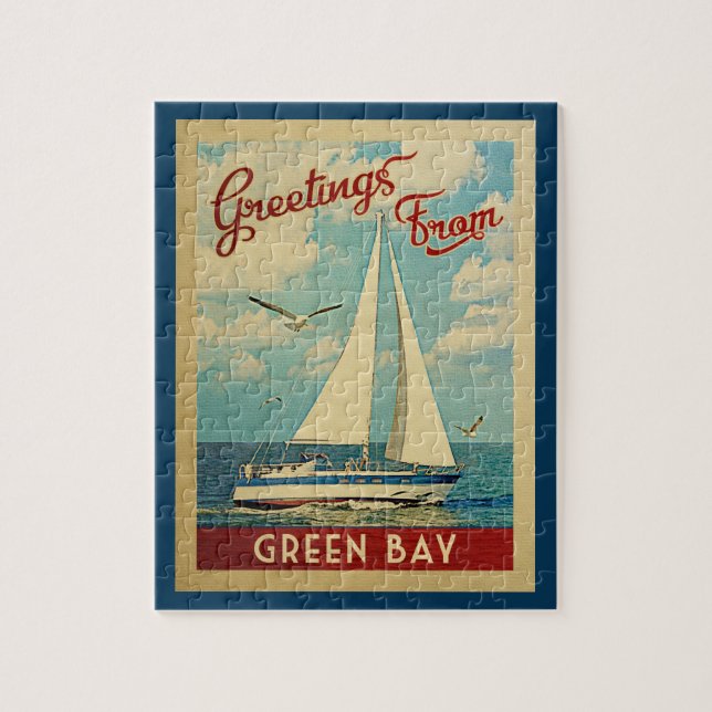 Green Bay Sailboat Vintage Travel Wisconsin Jigsaw Puzzle (Vertical)
