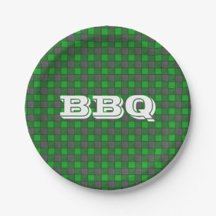 Green BBQ Monogram Check Small Paper Plate