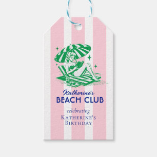 Green Beach Girl Pink Stripes Birthday Party Gift Tags