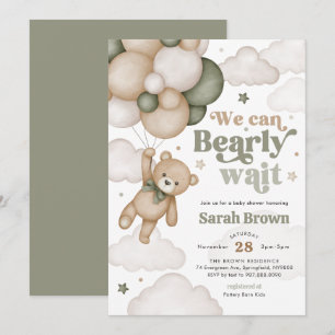 Green Bear Balloon Baby Shower Invitation