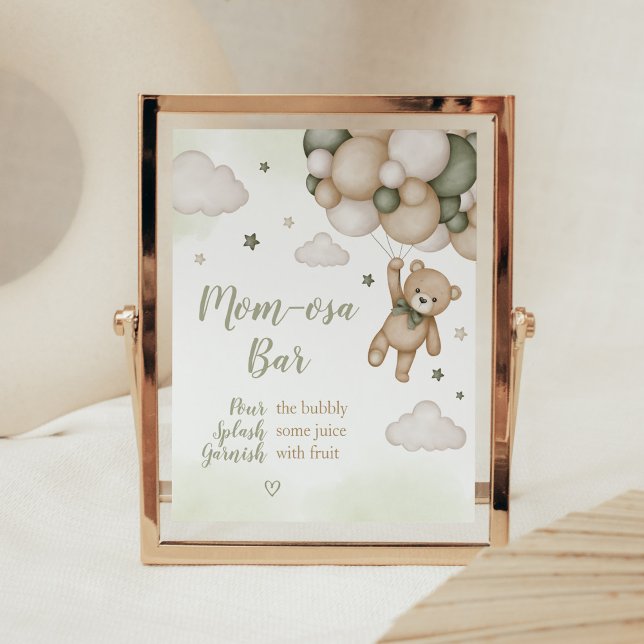 Green Bear Balloon Baby Shower Mom Osa Bar Poster (Boho Bear Baby Shower Mom Osa Bar Sign)