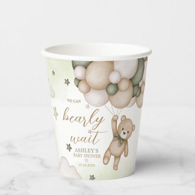 Green Bear Balloon Baby Shower Paper Cups (Front)