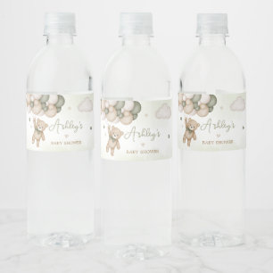 Green Bear Balloon Baby Shower Water Bottle Label