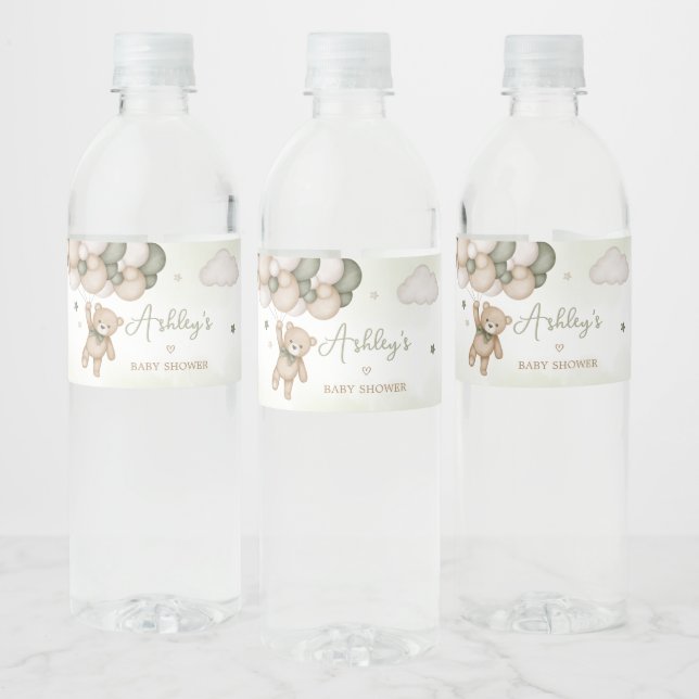 Green Bear Balloon Baby Shower  Water Bottle Label (Bottles)