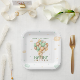Green Bear Balloons Bow Baby Shower Paper Plate