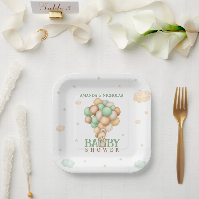 Green Bear Balloons Bow Baby Shower  Paper Plate (Wedding)