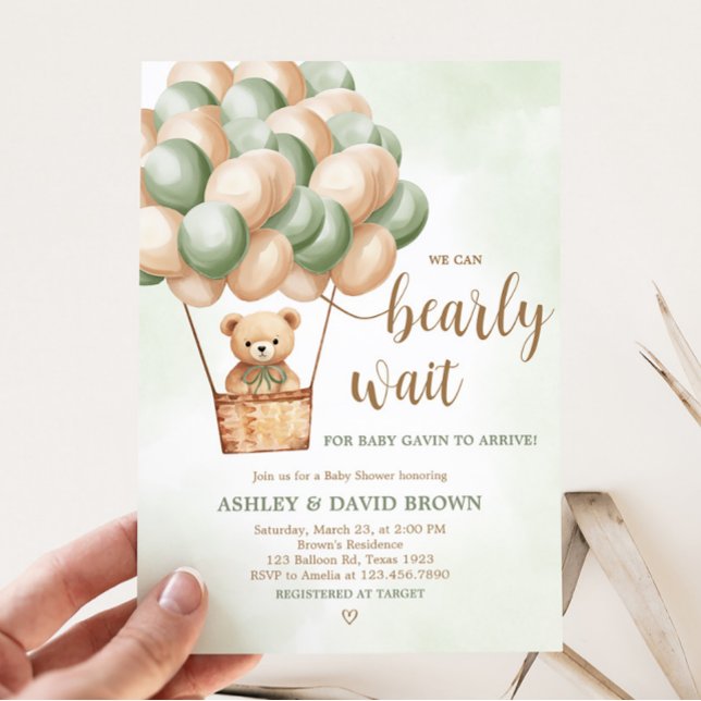 Green Bear Hot Air Balloon Baby Shower Invitation (Boho Green Bear Baby Shower Invitation)