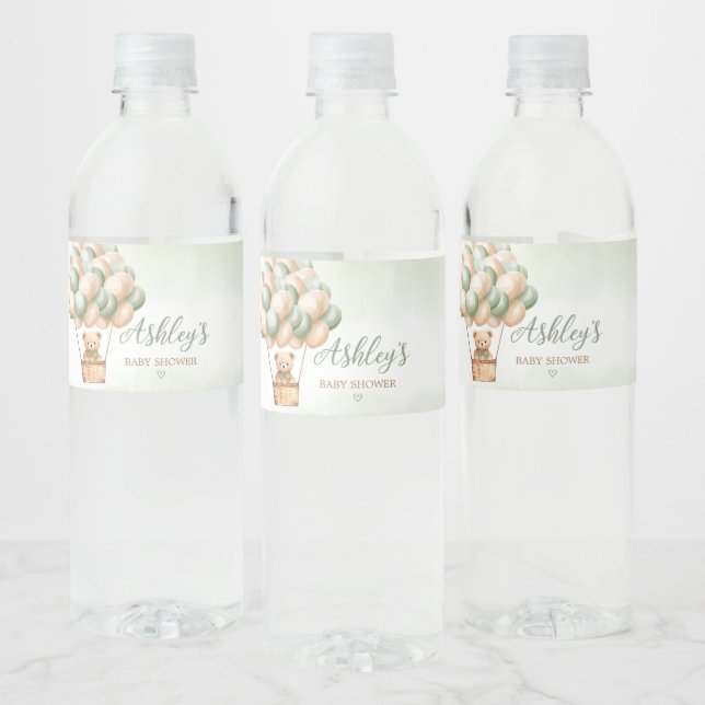 Green Bear Hot Air Balloon Water Bottle Label (Bottles)