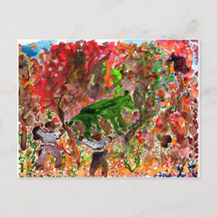Green beast in red trees postcard