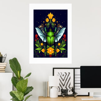 Green beatle with fly and flowers poster