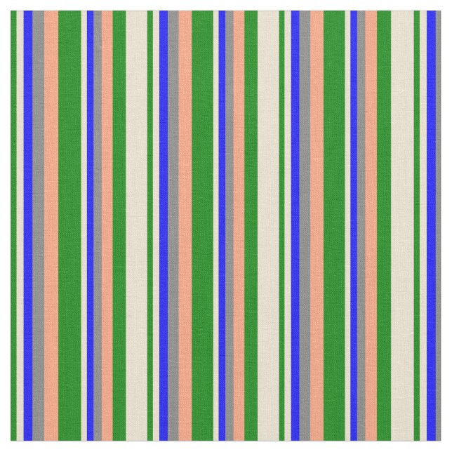 Green, Beige, Blue, Grey & Light Salmon Lines Fabric (Close Up)