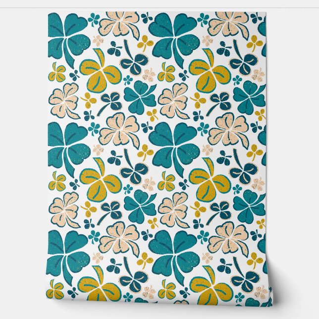 Green Beige Clover Shamrock Hand Drawn Pattern Wallpaper (Unrolling)