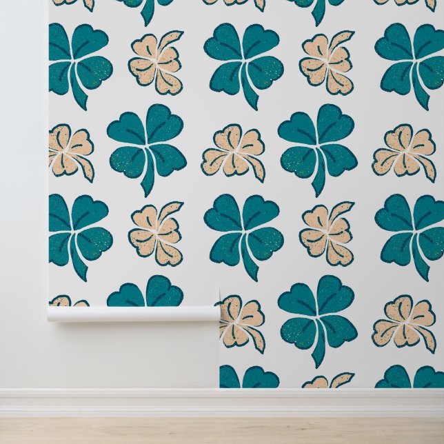 Green Beige Clover Shamrock Hand Drawn Pattern Wallpaper (Application)