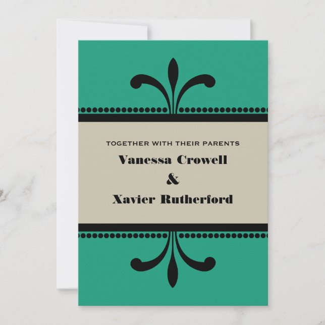Green/Beige Fancy Art Deco Wedding Invite (Front)