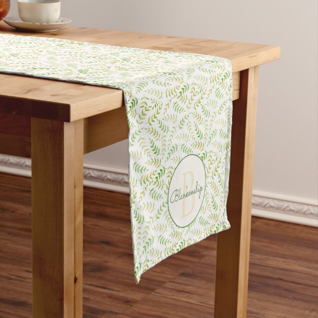 Green Beige Fern Leaf Pattern Custom Monogram Name Short Table Runner (In Situ)
