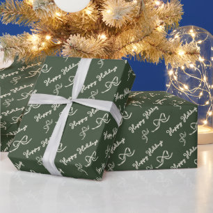Green Beige Happy Holidays Bow Pattern Wrapping Paper