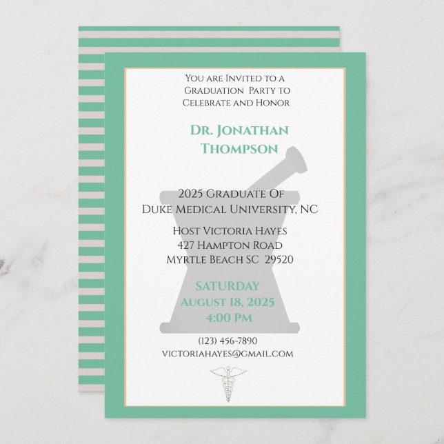 Green Beige Mortar Pestle Pharmacy Graduation   Invitation (Front/Back)