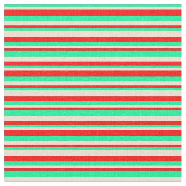 Green, Beige & Red Lined Pattern Fabric (Close Up)