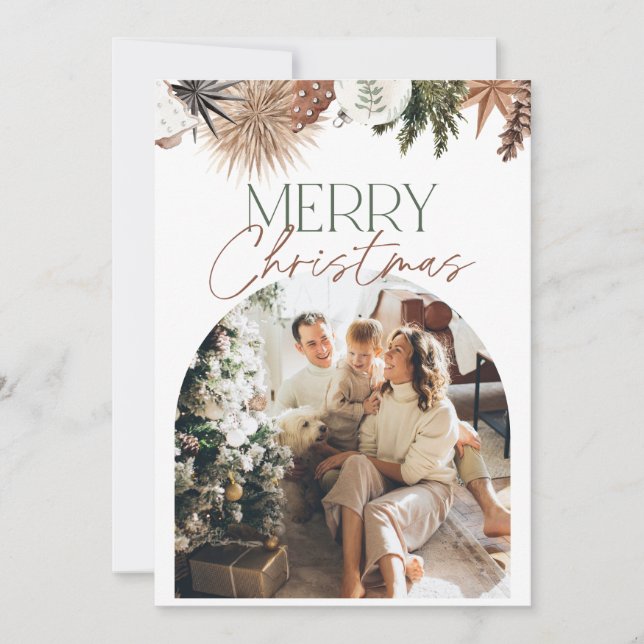 Green Beige Rustic Arch Photo Christmas Card (Front)