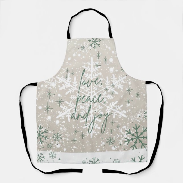 Green Beige Snowflakes Love Peace Joy Holiday Apron (Front)