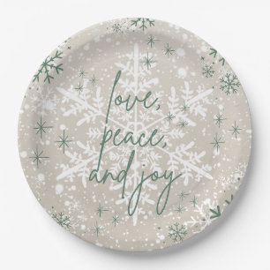Green Beige Snowflakes Love Peace Joy Holiday Paper Plate