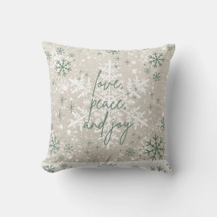 Green Beige Snowflakes Love Peace Joy Holiday Throw Pillow