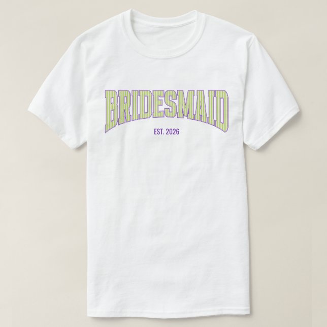 Green + Beige Stripe Purple Varsity BRIDESMAID T-Shirt (Design Front)