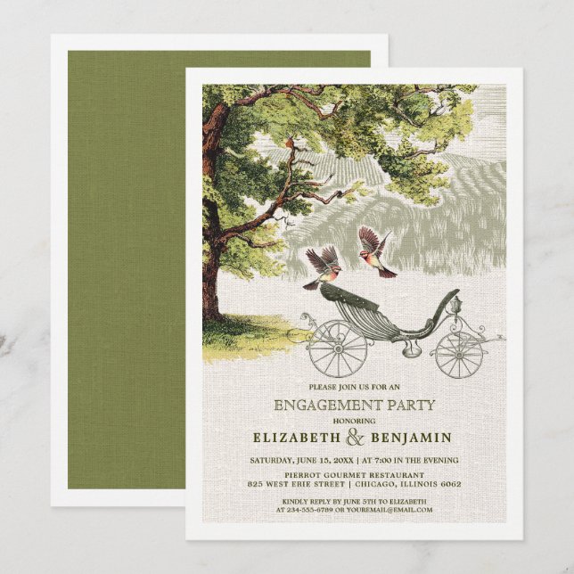 Green Beige Vintage Oak tree Engagement Party  Invitation (Front/Back)