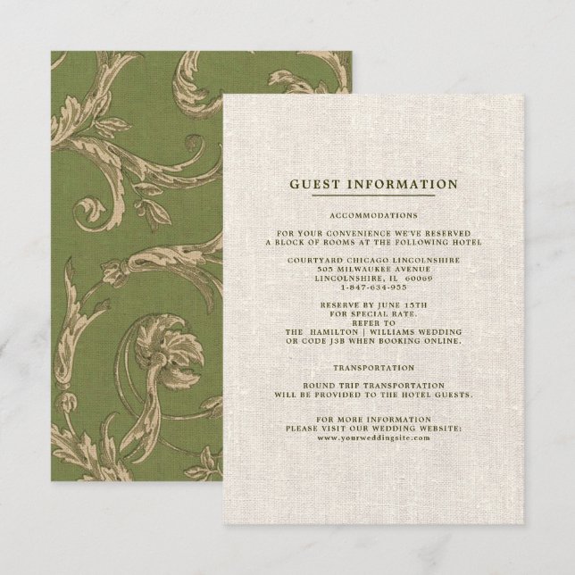 Green Beige Vintage Pattern Wedding Details Card (Front/Back)