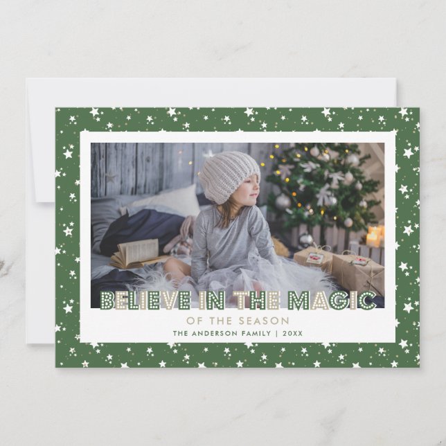 Green Believe In the Magic Stars Photo Holiday Card (Front)