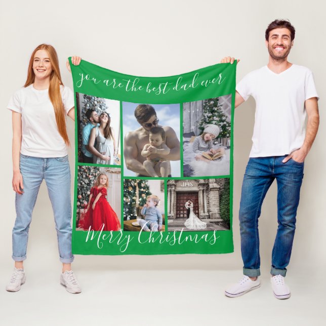 Green Best Dad Ever Merry Christmas Photo Collage Fleece Blanket (In Situ)