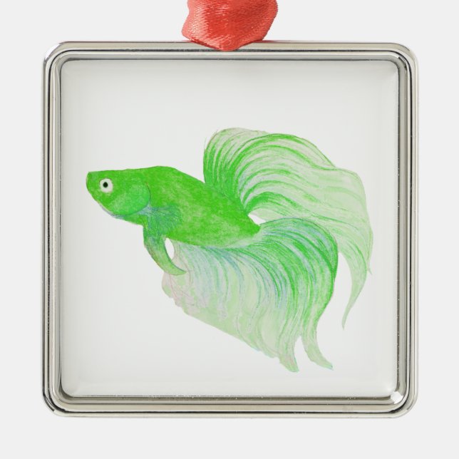 Green Betta Fish Watercolor Metal Ornament (Front)