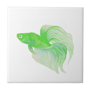 Green Betta Fish Watercolor Tile