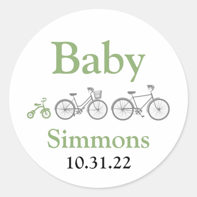 Green Bicycle Baby Shower Classic Round Sticker (Front)