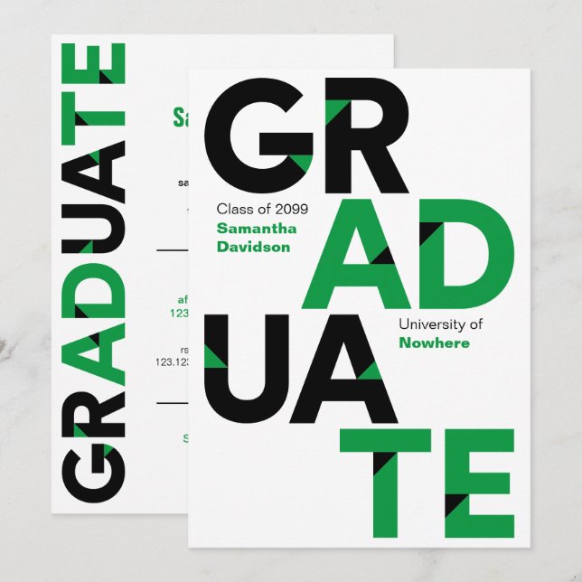 Green Big Bold Angle-Cut Letters Graduation Invitation (Front/Back)