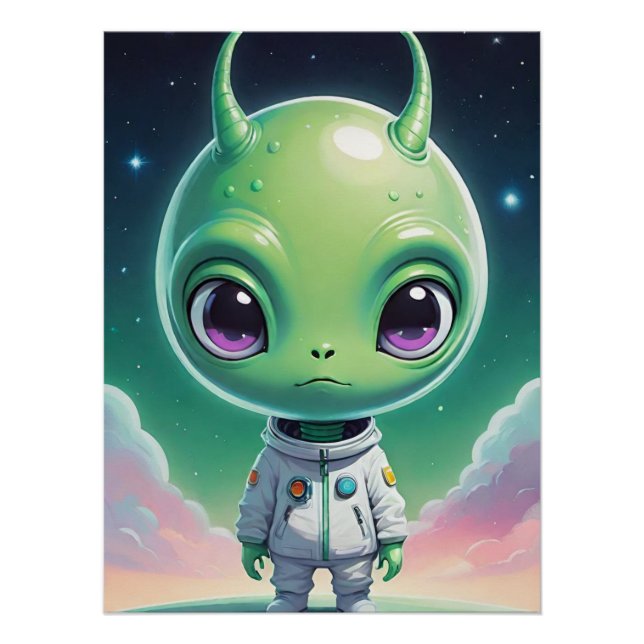 Green big head alien with horns poster (Front)