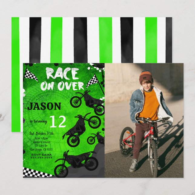 Green Bike Birthday Photo Invitation  (Front/Back)